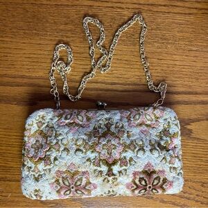 Vintage-Inspired Pink and Gold Floral Chenille Crossbody Bag